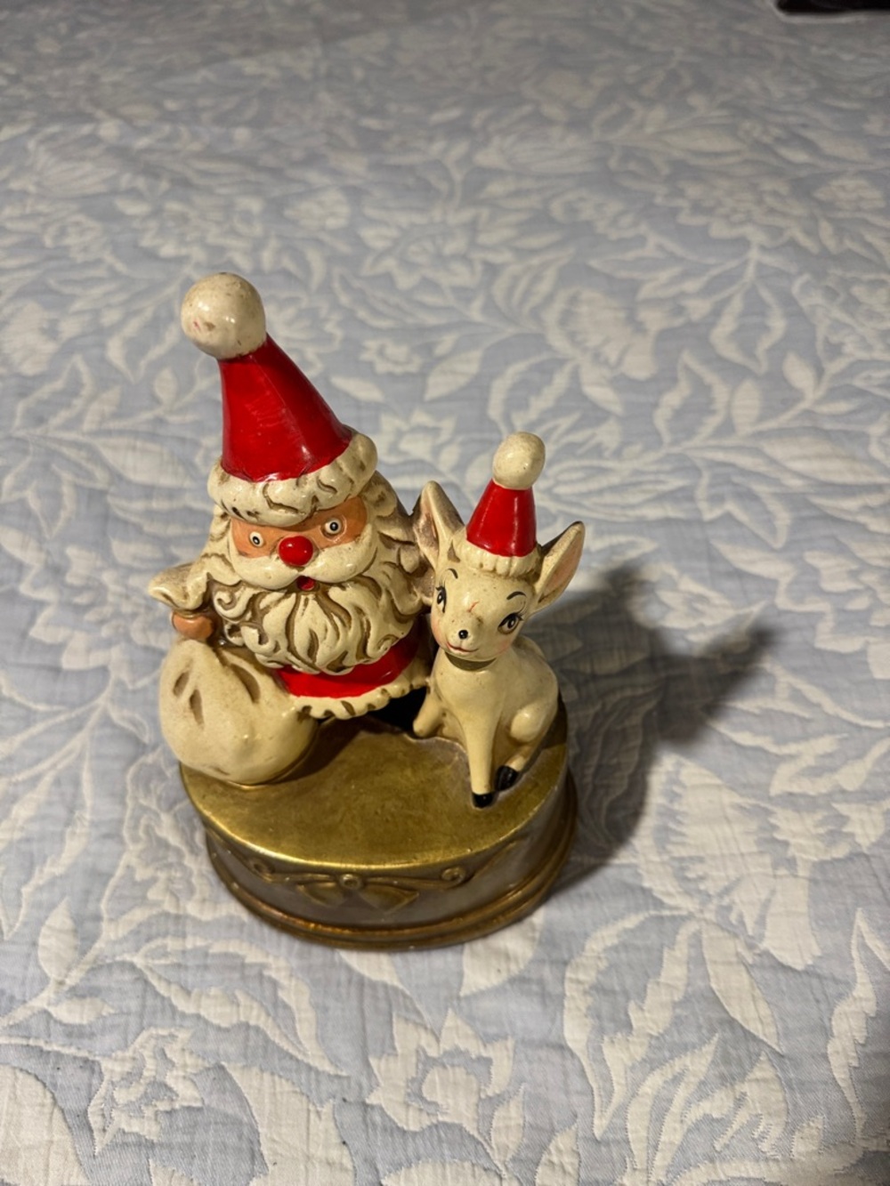 Vintage-Inspired Santa & Reindeer Holiday Figurine - Red and Cream music box